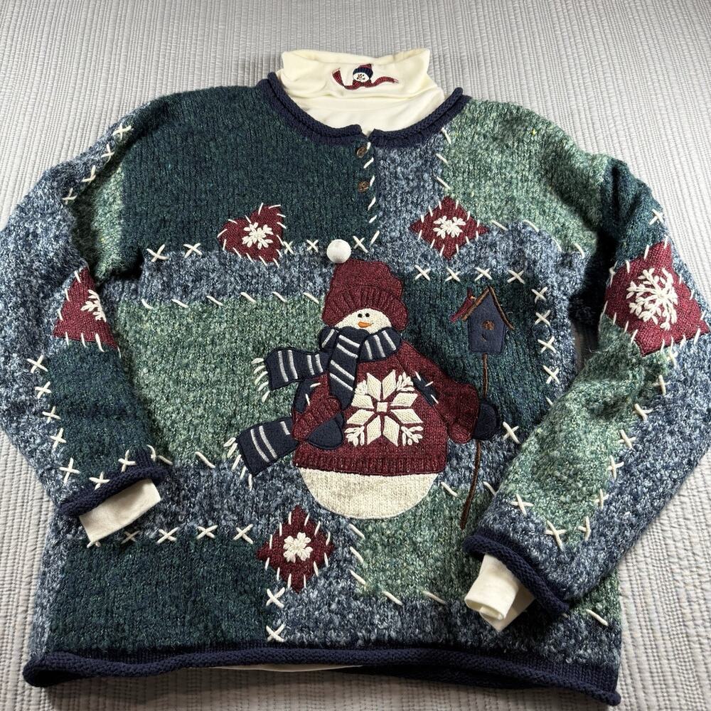 Vintage PBJ Knit Sweater Women’s L Winter Snowman Snowflakes Grandmacore Festive